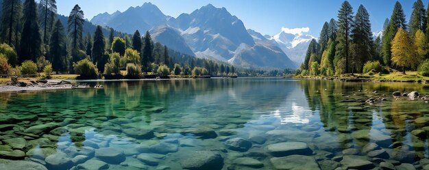 夏の風景、自然、秋の木々や山に囲まれた美しい山の湖