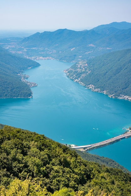 Beautiful mountain lake with a bridge in switzerland