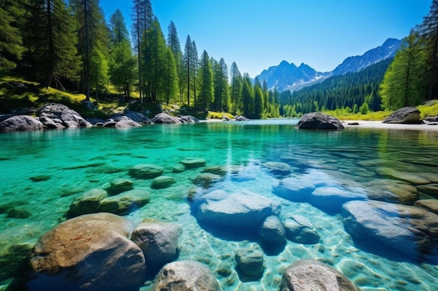 a beautiful mountain lake with rocks in the foreground