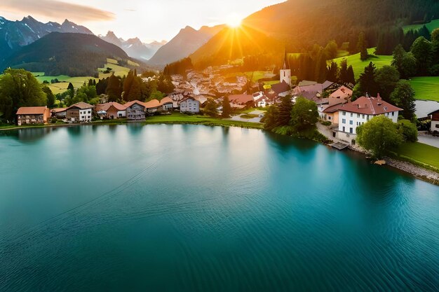 A beautiful mountain lake with a sunset in the background