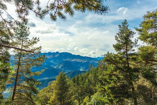 Beautiful mountain landscape, forest and clouds