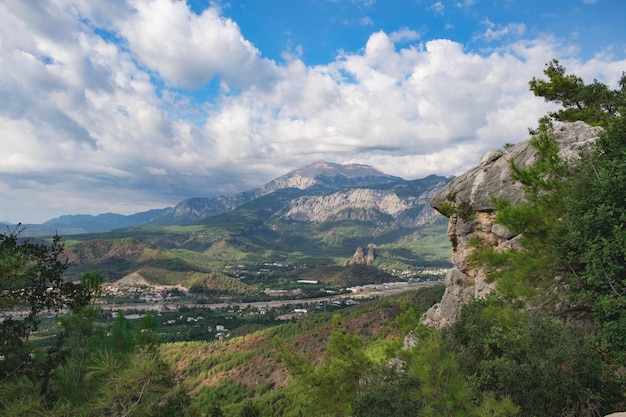 Beautiful mountain landscape Rocks with pine trees and rocks in the foreground and a blue sky