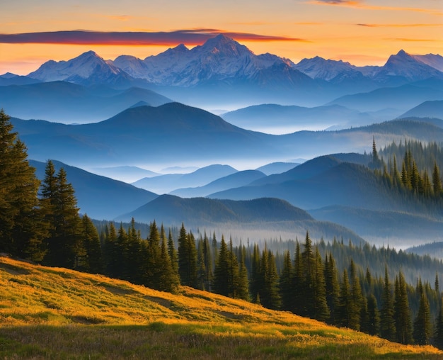 Фото Красивый горный пейзаж закат с горами