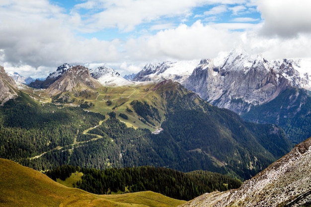 Beautiful mountain landscape. view of Sassolungo Langkofel. Dolomites, Italy.