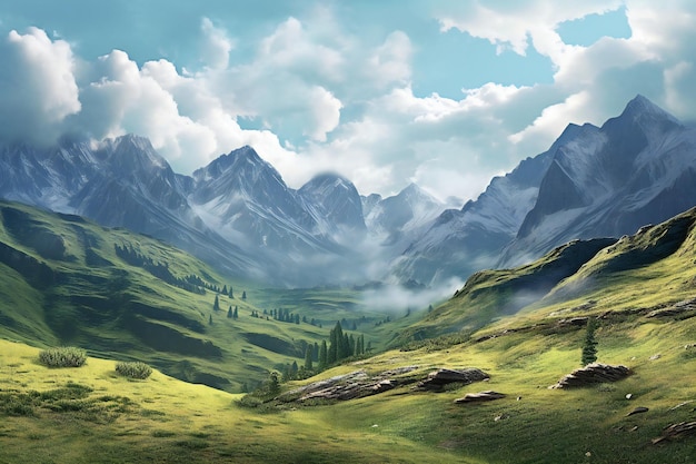 Photo beautiful mountain landscape with blue sky and clouds digital painting