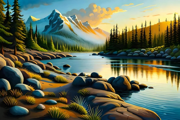 Beautiful mountain landscape with lake and forest Digital art painting