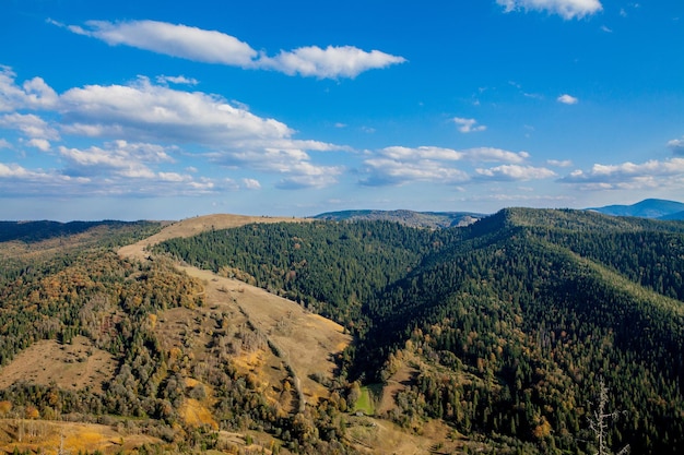 숲과 흐린 하늘로 덮인 산봉우리가 있는 아름다운 산 풍경 우크라이나 산 유럽