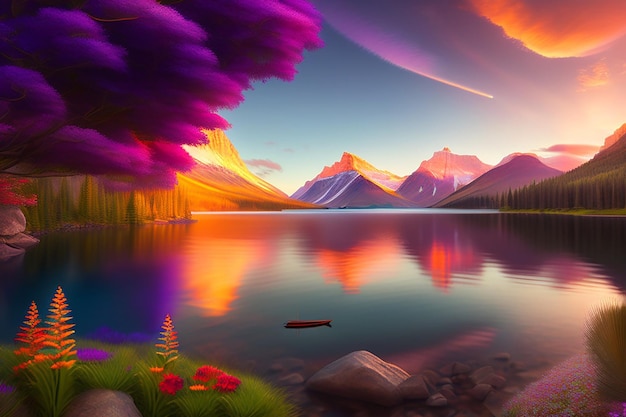 山と湖のある美しい山の風景
