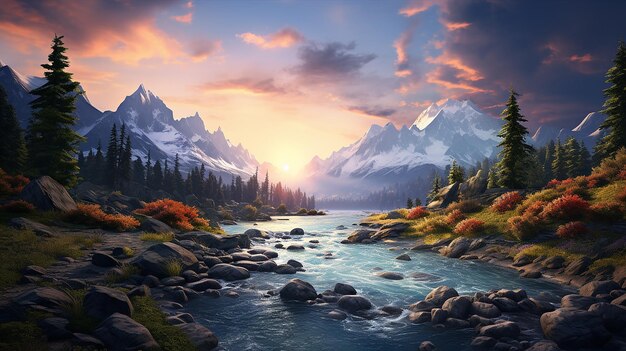 Beautiful mountain landscape with a river in the mountains digital painting