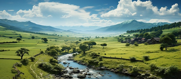 Beautiful mountain landscape with a river and a village in the foreground