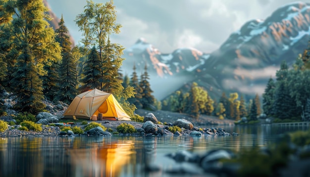 전면에 작은 오렌지색 텐트와 함께 아름다운 산 풍경 캠핑 개념