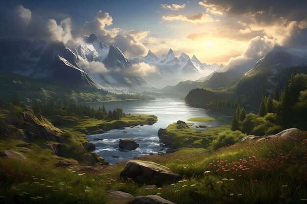 Beautiful Mountain Landscapes at Sunrise Generative AI