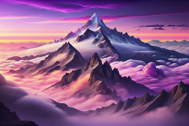 Photo a beautiful mountain under pink clouds and pink sky pink mountains with pink clouds generative ai