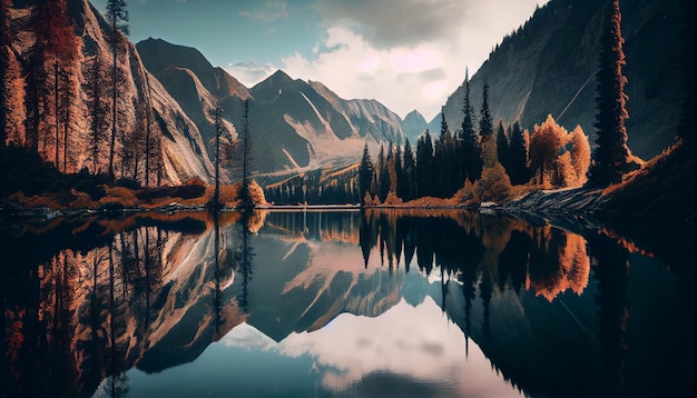 Beautiful mountain range reflects on tranquil water generative AI