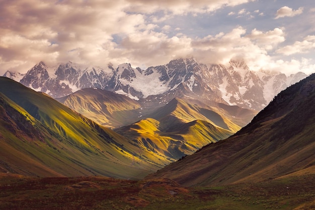 Beautiful mountain range sunrise in Ushguli Svaneti Georgia