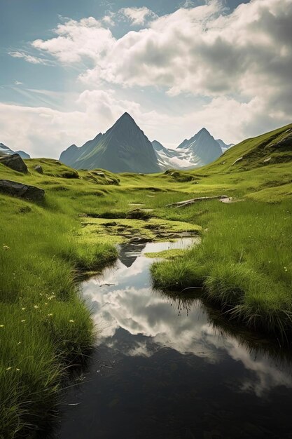 아름다운 산은 스위스 스타일의 연못에 반영
