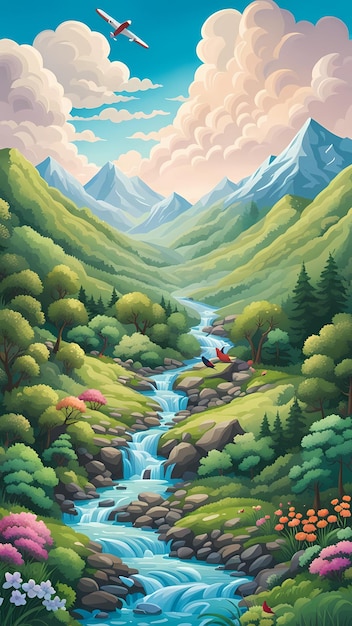 Beautiful mountain river landscape scenery illustration