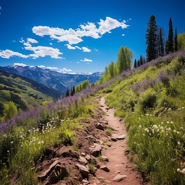 Photo beautiful mountain trail red yellow lilac white wildflowers blue sky with big fluffy clouds