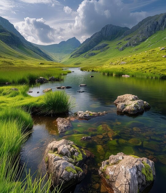 Photo beautiful mountain valley landscape with river flowing through green fields