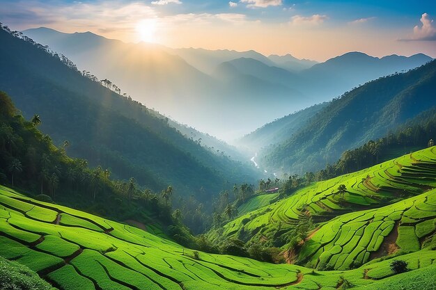 Beautiful Mountain valley with morning sunlight Kerala nature landscape image famous Tourist spot in Kannur Kerala India tourism and travel image