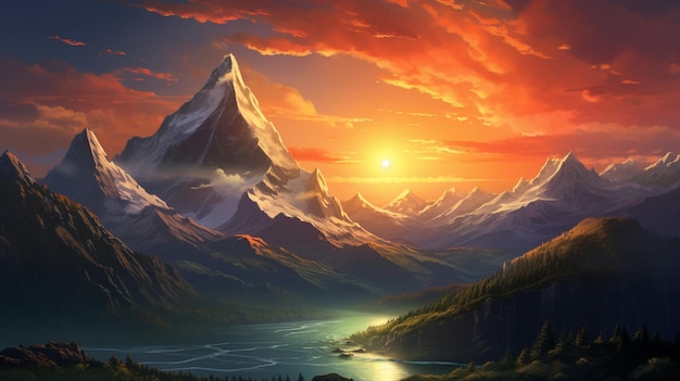 beautiful mountain view with sunset landscape scene