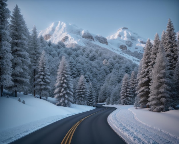 雪のある美しい山ときれいな道