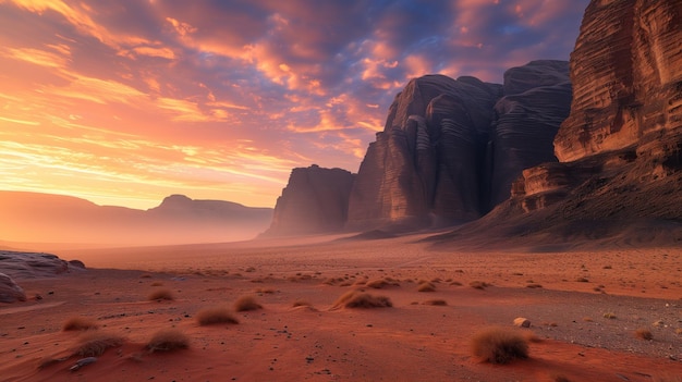Photo beautiful mountainous purple and orange desert landscape at sunrise dawn