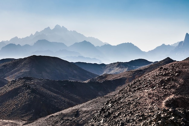 Beautiful mountains in the Arabian desert at sunset. Summer landscape. Beautiful world