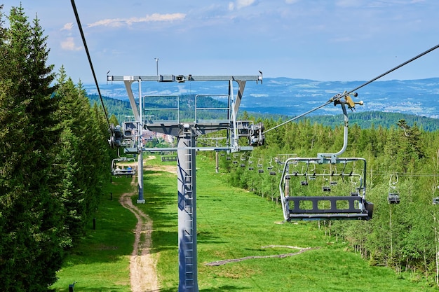 Beautiful mountains covered with forest and open cable car line karpacz resort in poland with lift r