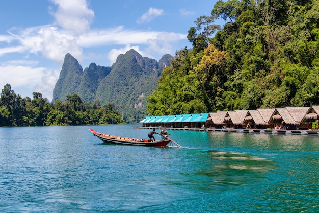 Beautiful mountains lake river sky and natural attractions in Ratchaprapha Dam at Khao Sok National Park