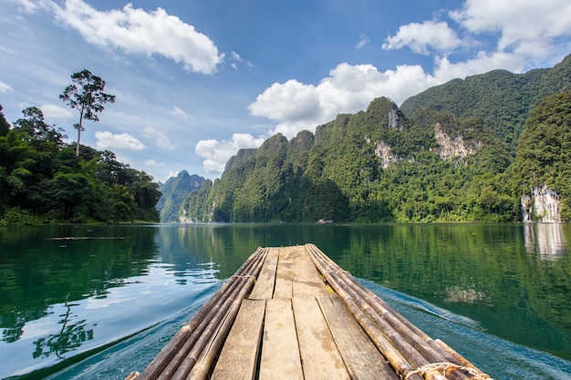 Beautiful mountains lake river sky and natural attractions in Ratchaprapha Dam at Khao Sok National Park