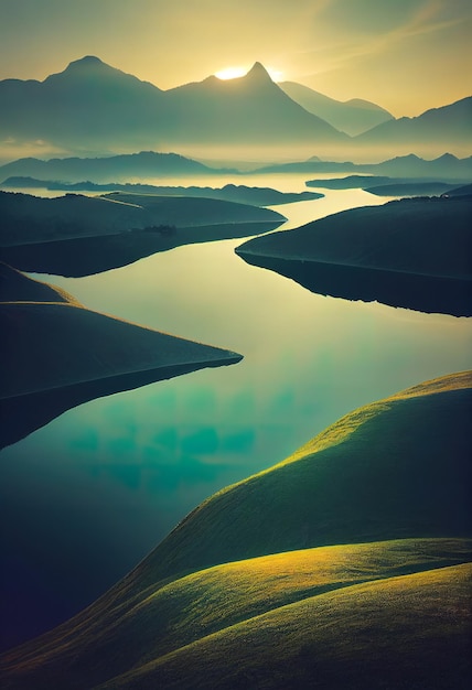 Beautiful mountains and rivers 3d illustrated