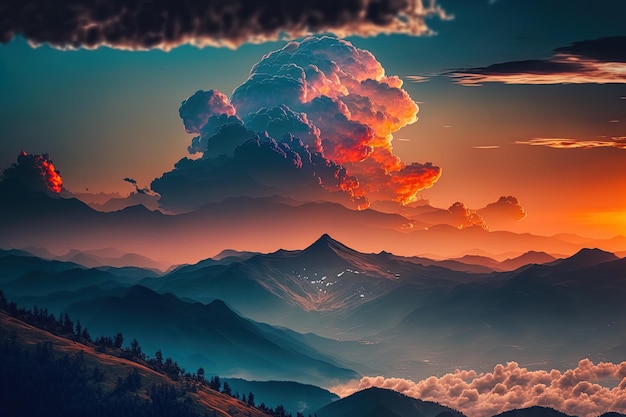 Beautiful mountains and sunset with cumulus clouds