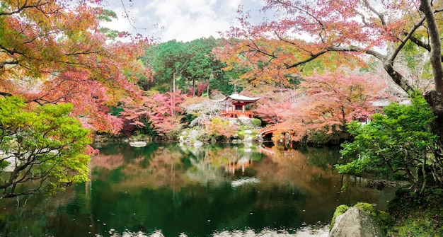 Beautiful and multi colors of maple trees at Daigoji temple with pond on bight blue sky background