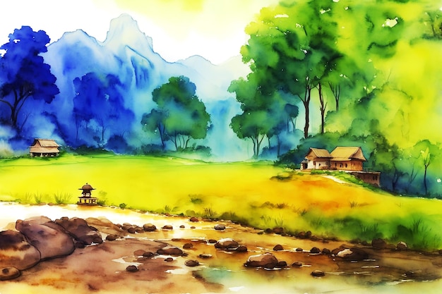 Beautiful multicolor summer village a sunny day natural scenery hand drawing watercolor painting