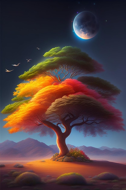 아름다운 여러 가지 빛깔의 나무 디지털 아트