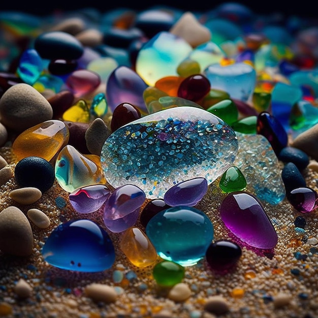 Foto bellissime gemme da spiaggia multicolori immagini in pietra di vetro arte generata dall'intelligenza artificiale