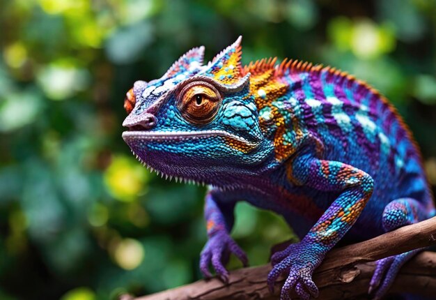 Photo beautiful multicolored chameleon against a bright bokeh background