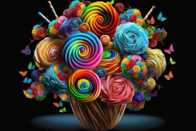 Beautiful multicolored flowers bouquet like as candies for birthday greetings