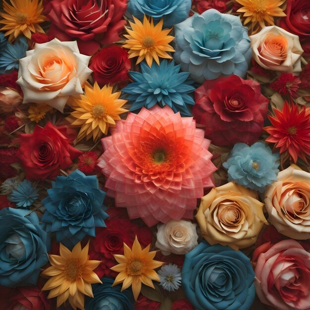 Beautiful multicolored paper flowers as a background top view generative ai