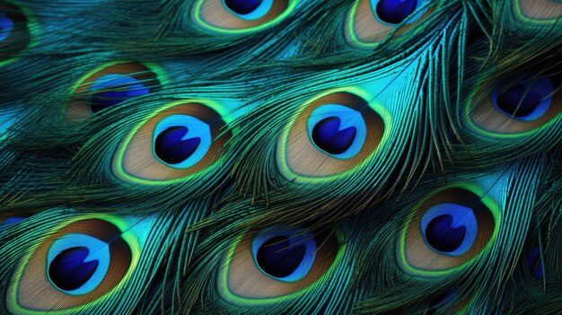 Beautiful multicolored peacock feathers natural texture background Macro AI