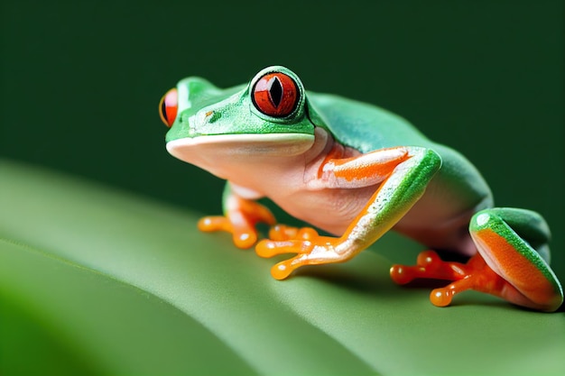 Beautiful multicolored red eyed tree frog on leaf of tropical plant