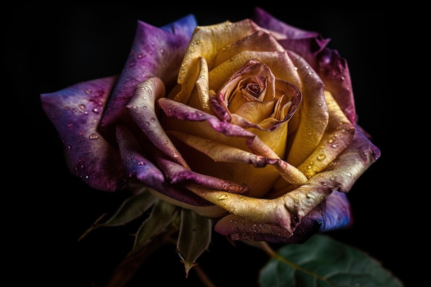 Красивая разноцветная роза на темном фоне крупным планом