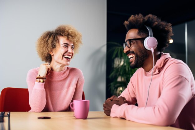 Foto una bella coppia di blogger multietnica che ospita un podcast in uno studio, una donna sorridente e un uomo che indossano