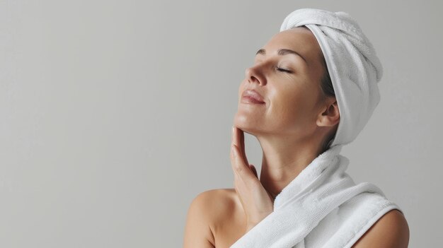 Beautiful Mummy Touches Soft Smooth Skin On Neck Attractive Mature Lady Standing In Towel Over Light Grey Background Enjoying Her Beauty Copy Space