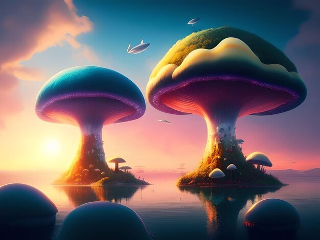 Photo beautiful mushroom islands on the misty sea during sunset with flying fish