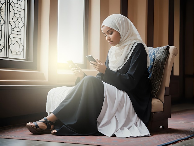 Foto una bella donna d'affari musulmana o una dirigente donna che indossa l'hijab si siede a casa sua e usa uno smartphone