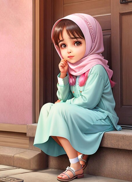 A beautiful Muslim girl wearing a pink hijab is sitting on a concrete floor