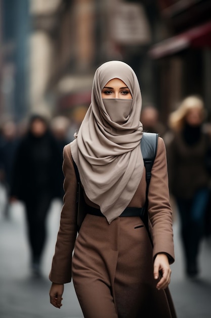 Foto bella donna musulmana in hijab che cammina in città ritratto di moda