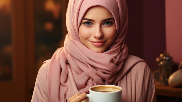 Beautiful muslim woman in pink hijab holding a cup of coffee generative ai